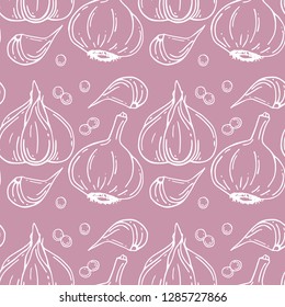 Seamless pattern with garlic. Organic healthy food. Vegetarian nutrition. Hand drawn. 