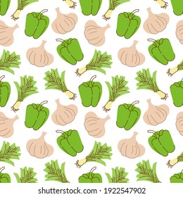 Nahtloses Muster mit Knoblauch, Paprika, Zitronengras auf weißem Hintergrund. Vektorgrafik der Zutaten für den Lebensmittelhintergrund im flachen Doodle-Stil.
