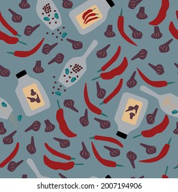 Seamless pattern of garlic, red pepper and grinder for red pepper and garlic. Vector illustration 