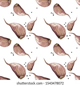 Seamless pattern with garlic. Stylized clove of ripe garlic. Wallpaper, print, packaging, paper, textile design. Vector illustration.