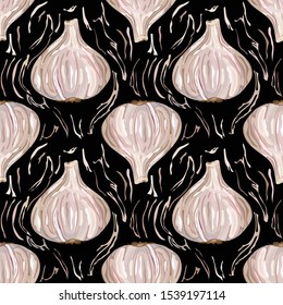 Seamless pattern with garlic. Stylized garlic. Wallpaper, print, paper, packaging, textile design. Vector illustration.