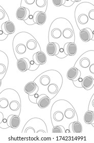 Seamless pattern with gas masks and breathing valves as colorless graphics. Outline vector stock vector illustration with a means to protect breathing from viruses as a coloring page