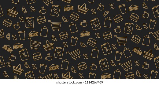 seamless pattern for gas station store, linear objects and food on dark background