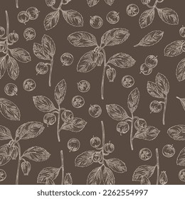 Seamless pattern with gaultheria procumbens: gaultheria procumbens plant, flowers and gaultheria procumbens berries. Cosmetic, perfumery and medical plant. Vector hand drawn illustration