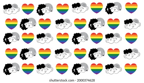 Seamless pattern with gay couples and gay pride flag hearts