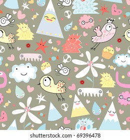 Seamless pattern of gay monsters and birds