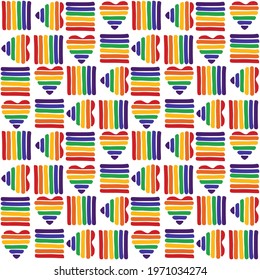 Seamless pattern with gay rainbow flag  and heart. LGBT pride symbol. Design element for fabric, banner, wallpaper or gift wrap. Pride month.