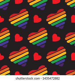 Seamless pattern with gay rainbow heart. LGBT pride symbol. Design element for fabric, banner, wallpaper or gift wrap.