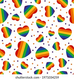 Seamless pattern with gay rainbow heart. LGBT pride symbol. Design element for fabric, banner, wallpaper or gift wrap. Pride month.