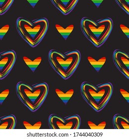 Patrón sin foco con los corazones del arcoiris gay. Símbolo del orgullo LGBT. Elemento de diseño para tela, banner, papel pintado o envoltura de regalo.