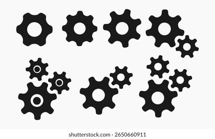 Seamless pattern of gear icons in a flat black-and-white style. Ideal for backgrounds, websites, technology-related themes, and engineering visuals.