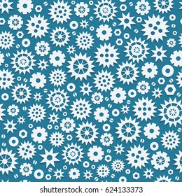 Seamless pattern gear in white color and blue background. Vector mechanical elements. 