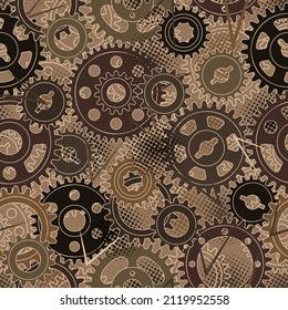 Seamless pattern with gears, dotted halftone texture. Brown camouflage colors for apparel, fabric, textile, sport goods.