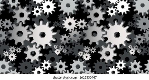 Seamless pattern with gears. Gray three-dimensional gears. Black background. Vector illustration.