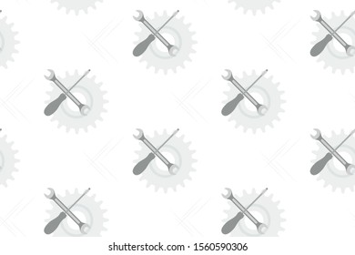 Seamless pattern with gears, screwdrivers and wrenches. For repair service or technical support. Pattern for background or fills. Vector illustration.