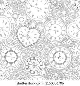 Seamless pattern with gears in the style of steampunk. Black and white pattern for coloring book for kids and adults. Vector illustration.