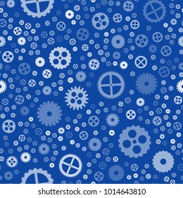 Seamless pattern of gears. White gears on a blue background. Vector illustration.