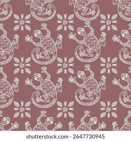 Seamless pattern with gecko lizards and tribal ornaments.  Hand drawn vector illustration.