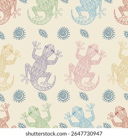 Seamless pattern with gecko lizards and tribal ornaments.  Hand drawn vector illustration.