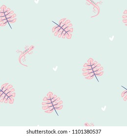 Seamless pattern with gecko and tropical leaf