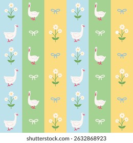 Seamless pattern with geese, chamomile flowers, and bows on pastel stripes. Ideal for baby textiles, spring decor, nursery themes, and wrapping paper.