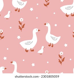 Seamless pattern of geese. Cute vector illustration in a simple hand drawn cartoon style. Simple baby cartoon style perfect for textiles, baby shower fabrics.