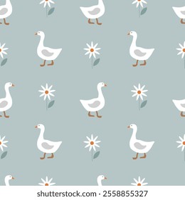 Seamless pattern with geese and daisies on a blue background