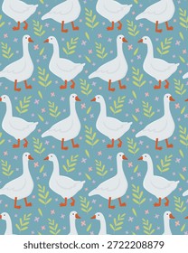 Patrón sin fisuras con gansos, flores y ramas frondosas. Fondo botánico azul de aves de granja