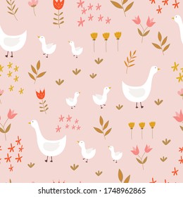 Seamless pattern with geese and flowers on a pink background.Vector illustration. For textiles, Wallpaper, wrapping paper, bed linen