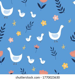 Patrón sin brillo con gansos y flores en un fondo azul.Ilustración vectorial. Para textiles, papel tapiz, papel de embalaje, ropa de cama