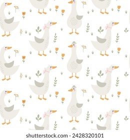 Seamless pattern with geese and flowers. Vector illustration
