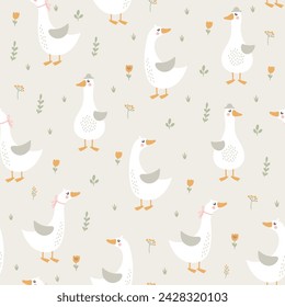 Seamless pattern with geese and flowers. Vector illustration