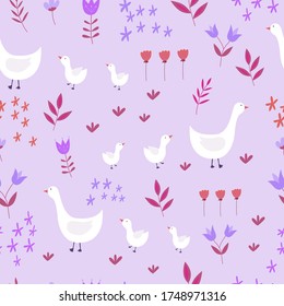 Seamless pattern with geese and flowers.Vector illustration. For textiles, Wallpaper, wrapping paper, bed linen