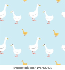 seamless pattern of geese and goslings on blue background. Minimalistic print for printing on fabric, paper, background screensavers. Lovely birds. Vector illustration, cartoon style