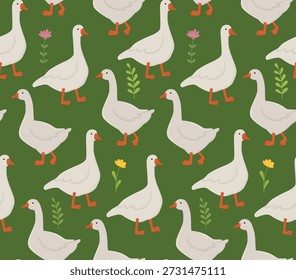 Seamless pattern with geese, leaves and blooming flowers on fresh green backdrop.