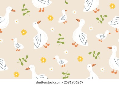 Seamless pattern of geese on a beige background. Farm animals, poultry. Vector hand drawn childish background.