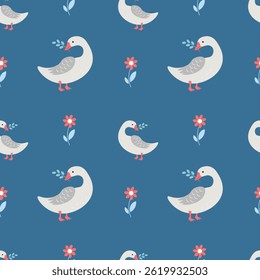 Seamless pattern with geese on a blue background