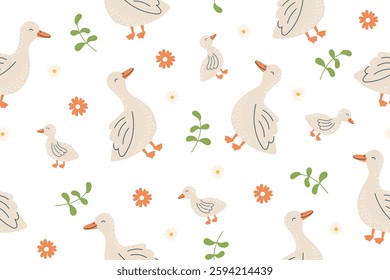 Seamless pattern of geese on a white background. Farm animals, poultry. Vector hand drawn childish banner.