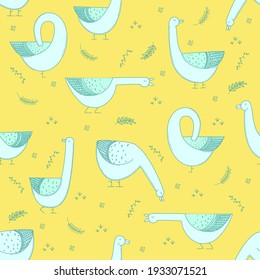 Seamless pattern with geese on yellow Background. Vector illustration. Cute design for fabric, wrapping paper, packing.
