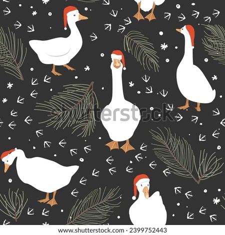 Seamless pattern of geese and geese paws imprints. Winter background with snow and pine branches. Vector illustration in cartoon style