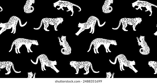 Seamless pattern with geetahs, leopards in different poses. Abstract print with wild felines. Vector animal graphics.