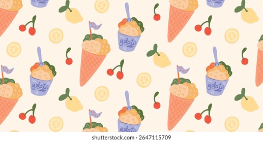 Seamless pattern with gelato in waffle cone and paper cup, cherry, lemon slices, yellow fruit. Summer sweet dessert ice cream layout. Vector flat colorful illustration.