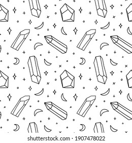 Seamless pattern with gem. Airy gold pattern with semiprecious stones and crescents. Vector stock aesthetic illustration isolated black on white background.