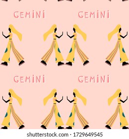 Seamless pattern with Gemini - astrological zodiac sign. Abstract print with The Twins - two women in modern cloth.