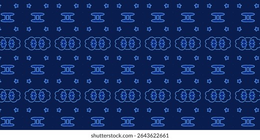 Padrão contínuo de símbolos do zodíaco Gêmeos, estrelas e nuvens em azul neon em um fundo escuro da marinha. Perfeito para desenhos com temas de astrologia, impressões ou papéis de parede.