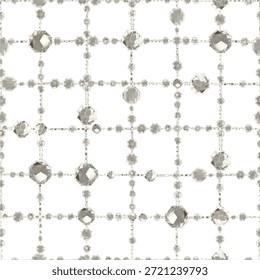 Padrão sem emenda com pedras preciosas e correntes, metálico.  Ilustração de moda. Desenhado à mão, vetor, isolado no branco.
