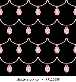 Seamless pattern with gemstones and necklaces in golden colors on the black background. Vector.