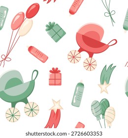 Nahtloses Muster für ein Geschlecht offenbaren Partei. Vektorgrafik mit Kinderwagen und Flaschen, Ballons und Geschenken. Perfekt für Tapeten, Geschenkverpackungen und Textilien.