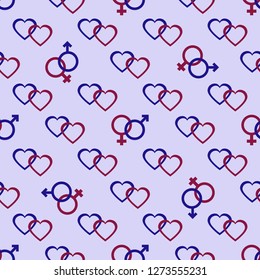 Seamless pattern with gender symbols and hearts. Male and female icons, hearts. Greeting card happy Valentine's Day. Romantic background.