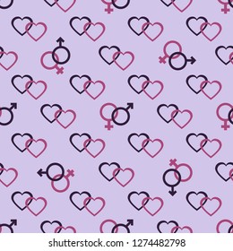 Seamless pattern with gender symbols and hearts. Male and female icons, hearts. Greeting card happy Valentine's Day. Romantic background.